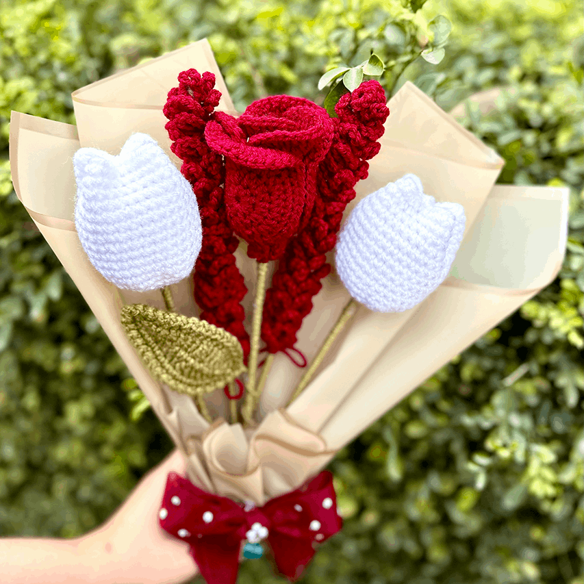 Crochet Bouquet: Rose, Tulip, Lavender Bliss