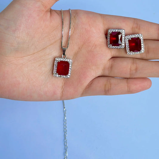 Silver Ruby Pendant & Earring Set 