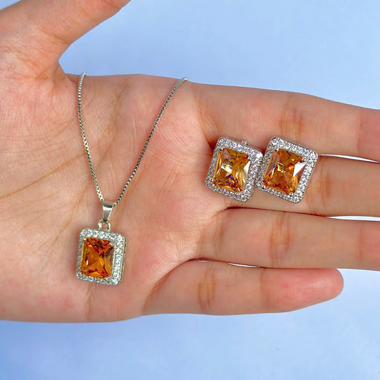 925 sterling silver square pendant and earring set with orange stones