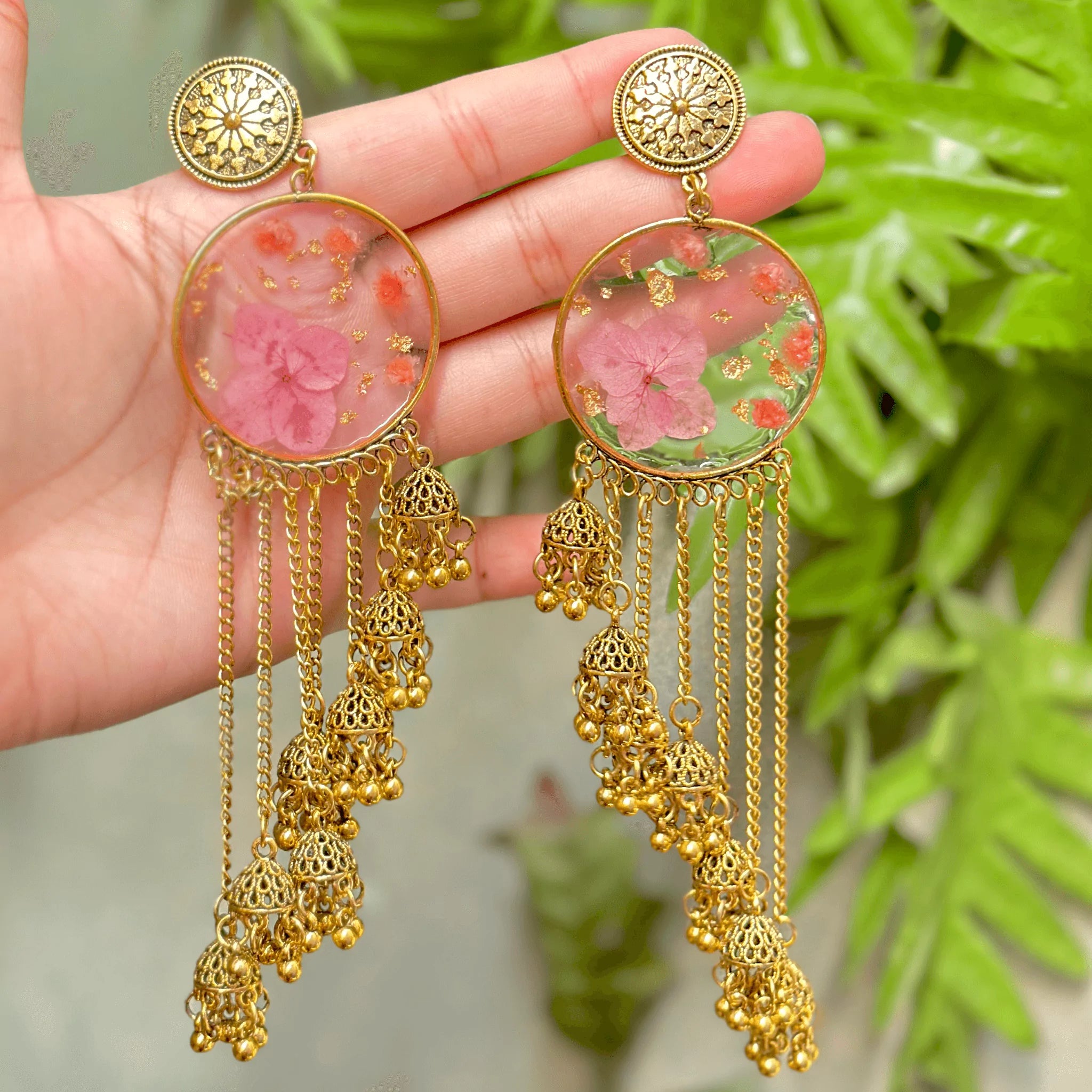 Customizable Pink Floral Resin Jhumkas with Real Dried Flowers