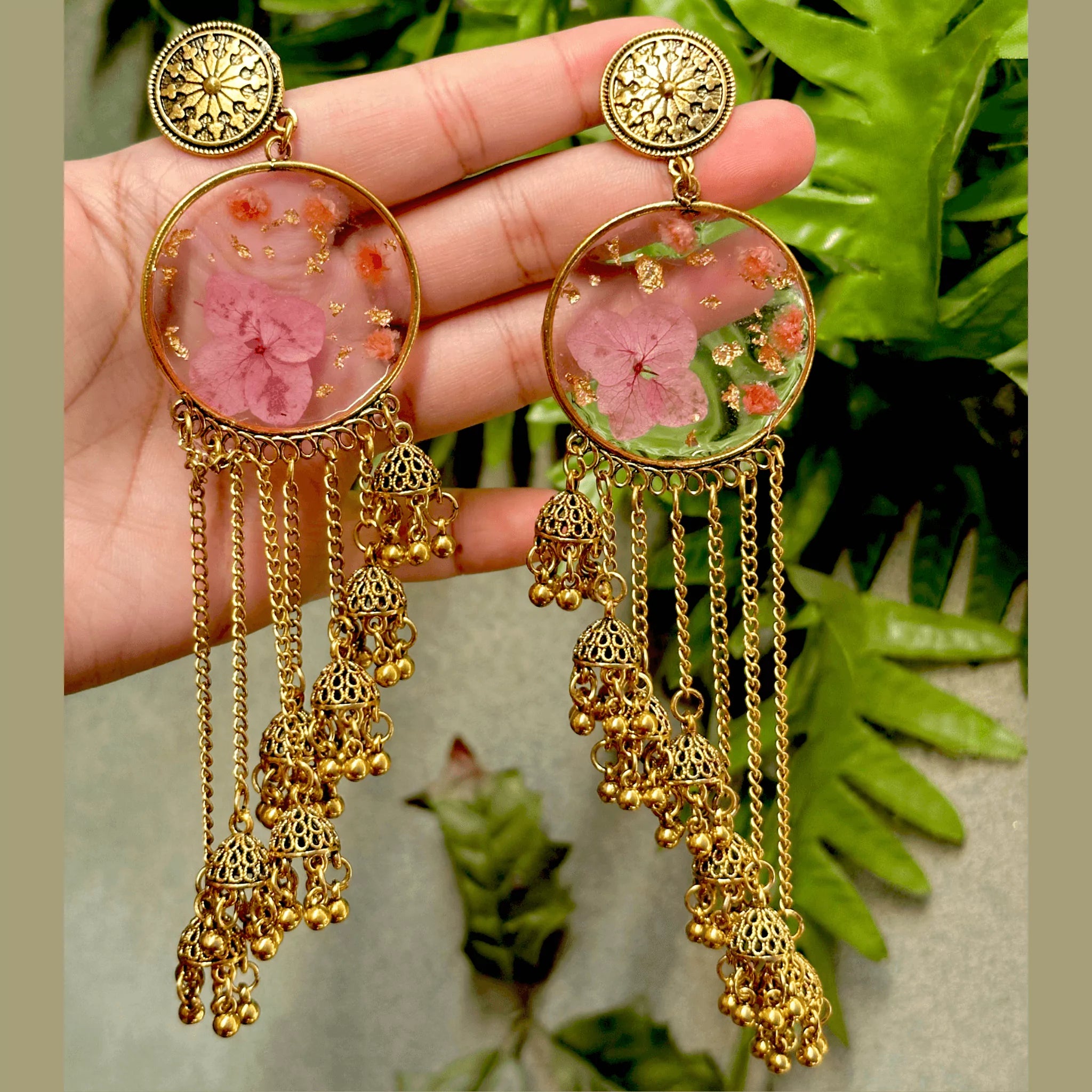 Customizable Pink Floral Resin Jhumkas with Real Dried Flowers