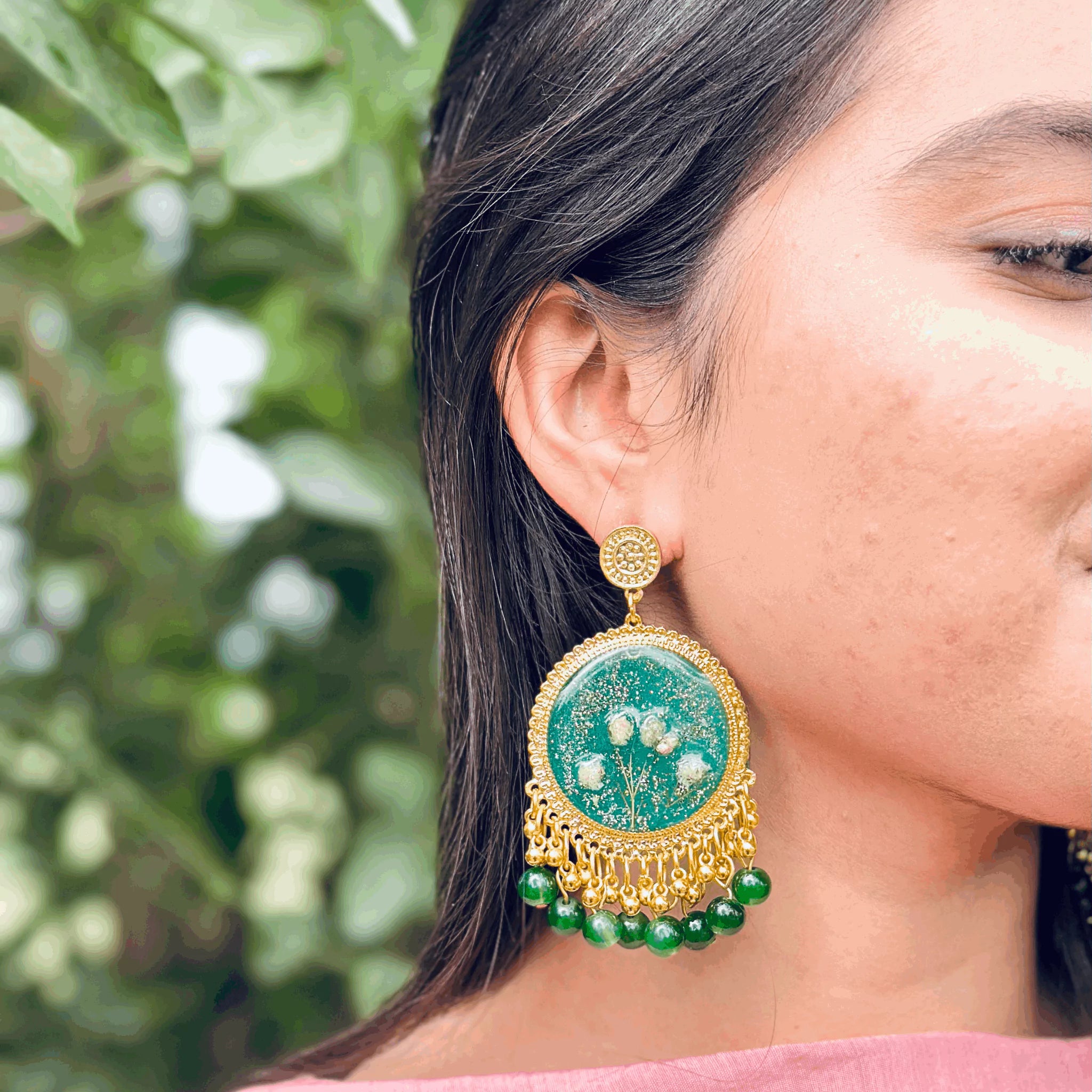 Emerald Elegance Resin Jhumkas