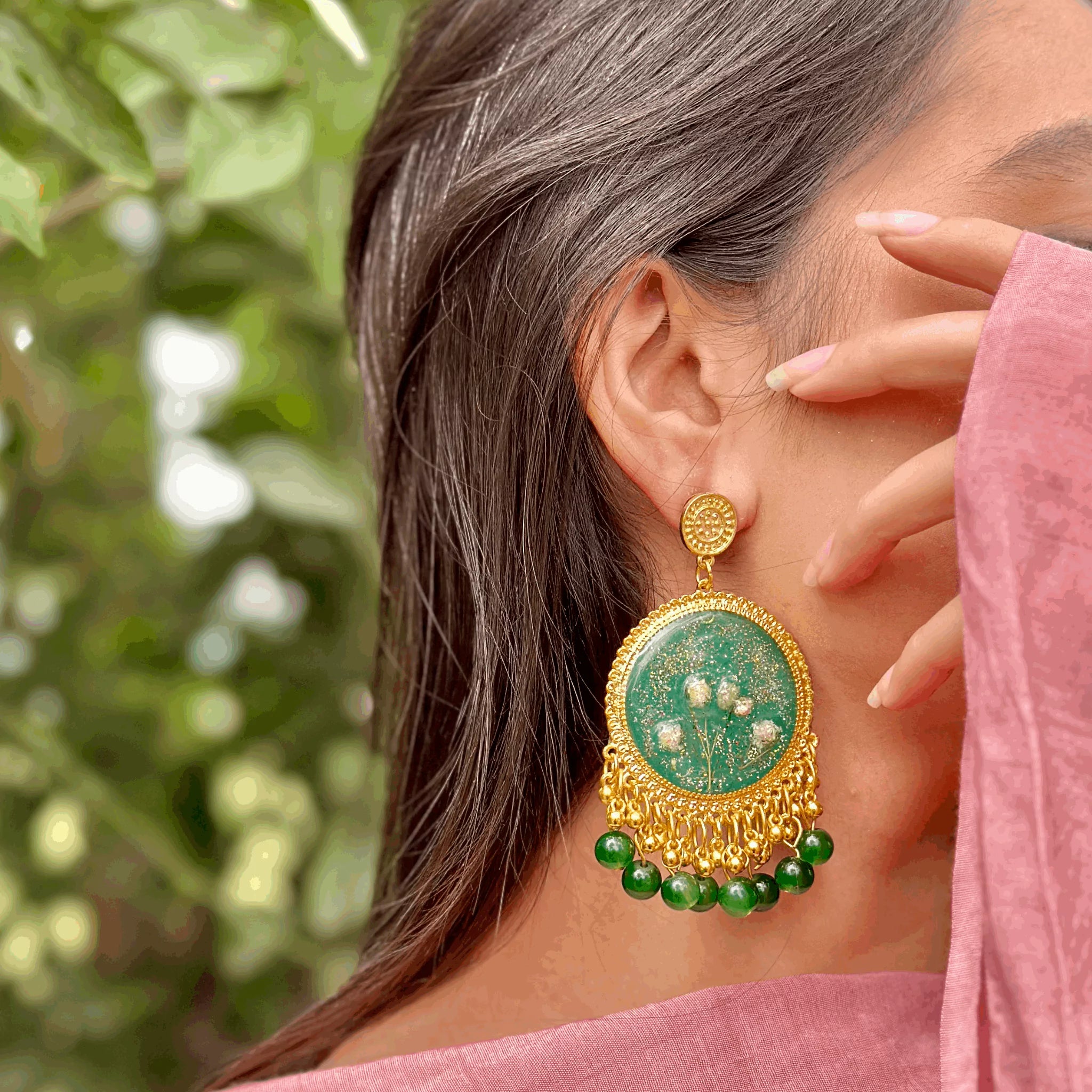 Emerald Elegance Resin Jhumkas